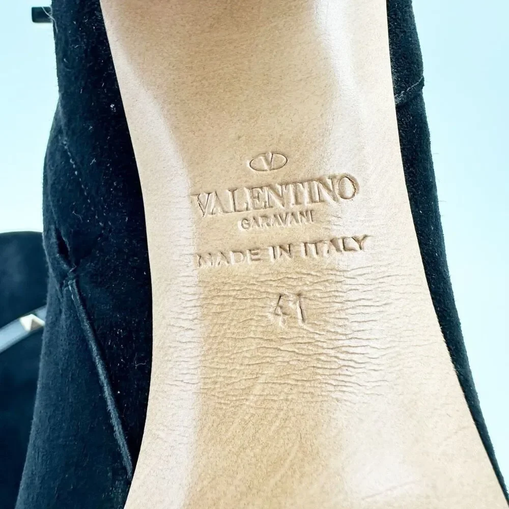 VALENTINO Rockstud Boots Size 41 US 10.5 Leather Heeled Black Suede Ankle Strap